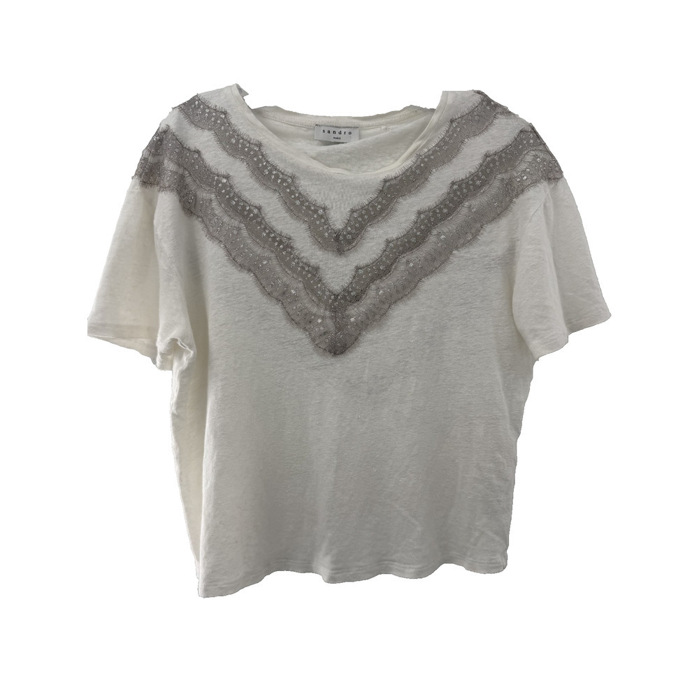 Sandro Paris Short Sleeve Linen Lace Tee Silver Accent Size 0 (XS) Designer